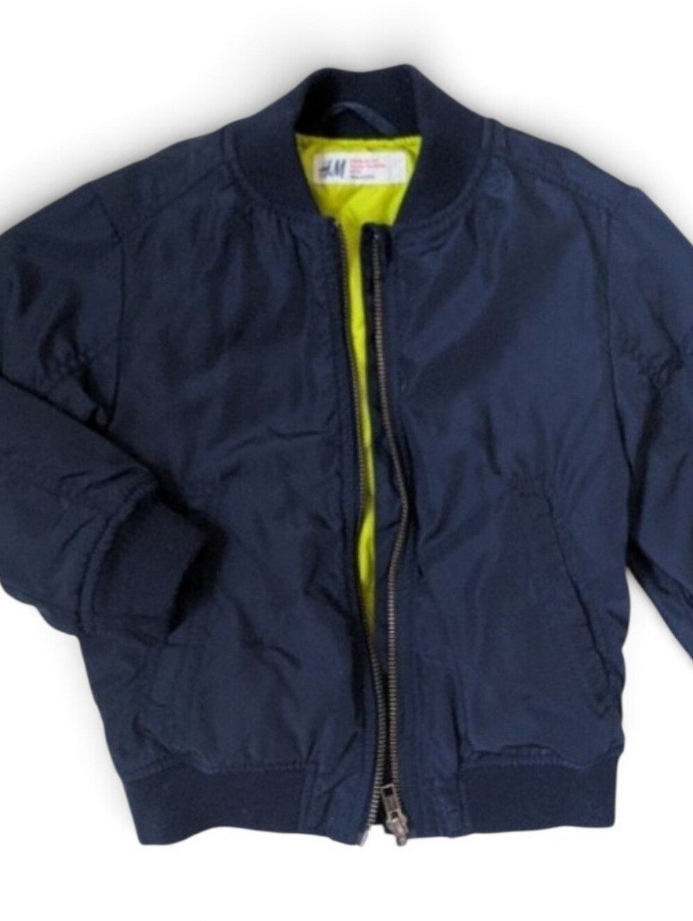 H&M Kids Navy Puffer Bomber Jacket with Neon Yellow Lining 2-3Y